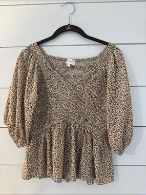 bohme Beige Floral Smocked Peplum Top